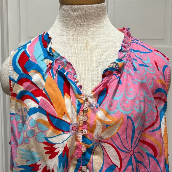 Talbots sz 2X sleeveless cotton patterned ruffle neck top - Picture 2 of 6